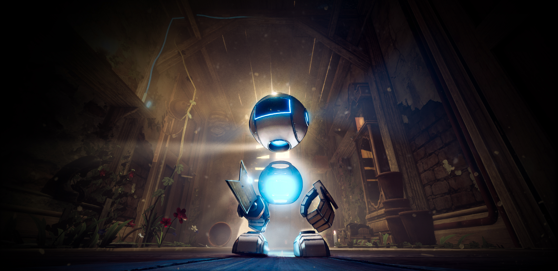 Tyler, a glowing blue robot, in a towering old house